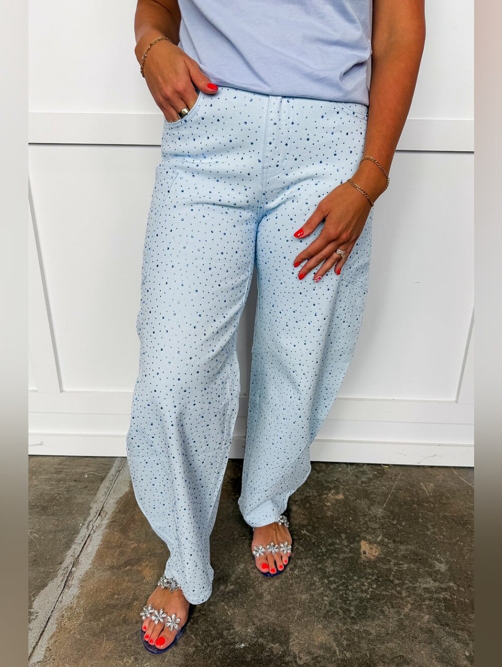 BA Light Blue Polka Dot Wide-Leg Jeans for Women